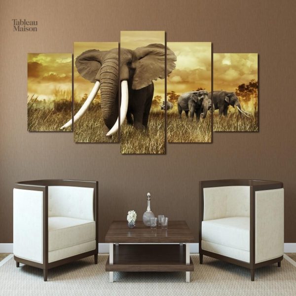 Tableau éléphants dans la savane