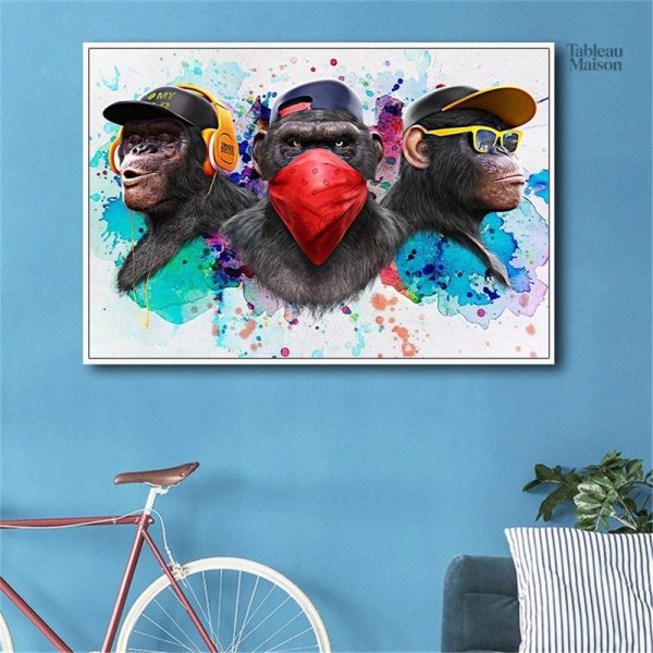 Tableau Pop Art 3 Singes en couleur vive