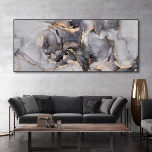 Tableau abstrait gris et doré, design moderne élégant