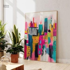 Illustration colorée d'une ville stylisée