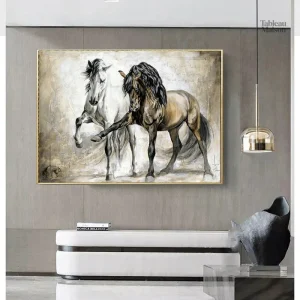 Oeuvre d'art vintage avec un cheval en paysage