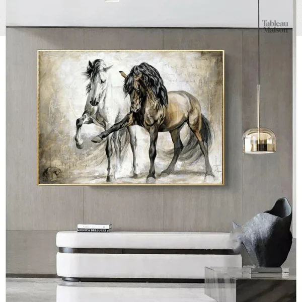 Oeuvre d'art vintage avec un cheval en paysage