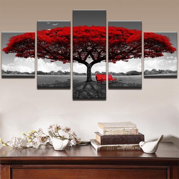 Art mural arbre de vie rouge, design moderne et coloré