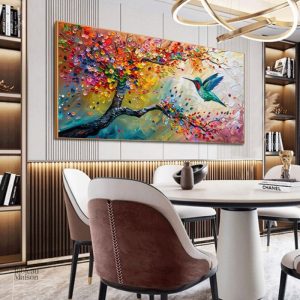 Peinture d'un arbre fleuri avec un colibri en vol