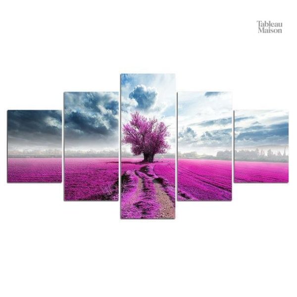Tableau décoratif avec arbre mauve stylisé et couleurs vives