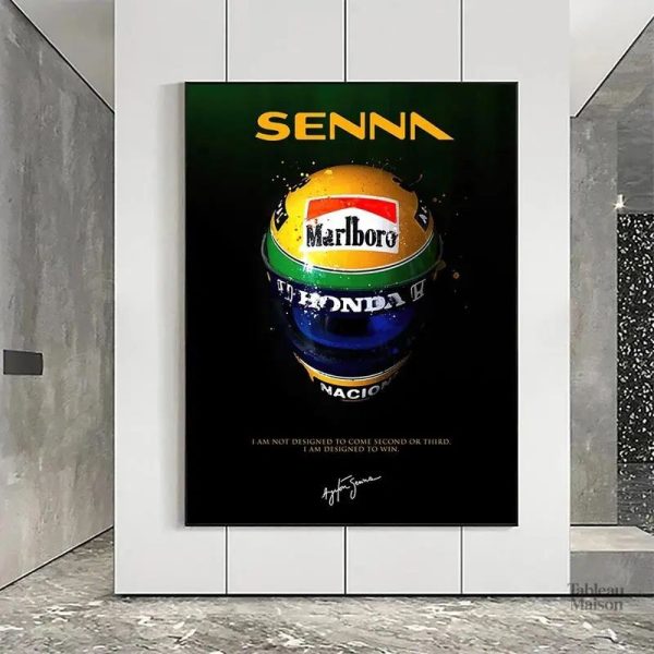 Portrait d'Ayrton Senna en action sur circuit, tableau voiture