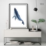 Tableau aquarelle d'une baleine bleue dans un style artistique