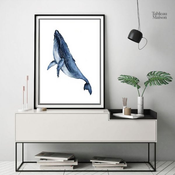 Tableau aquarelle d'une baleine bleue dans un style artistique