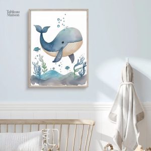 Tableau Baleine pour chambre de bébé, décor marin apaisant