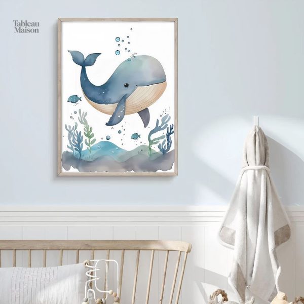 Tableau Baleine pour chambre de bébé, décor marin apaisant