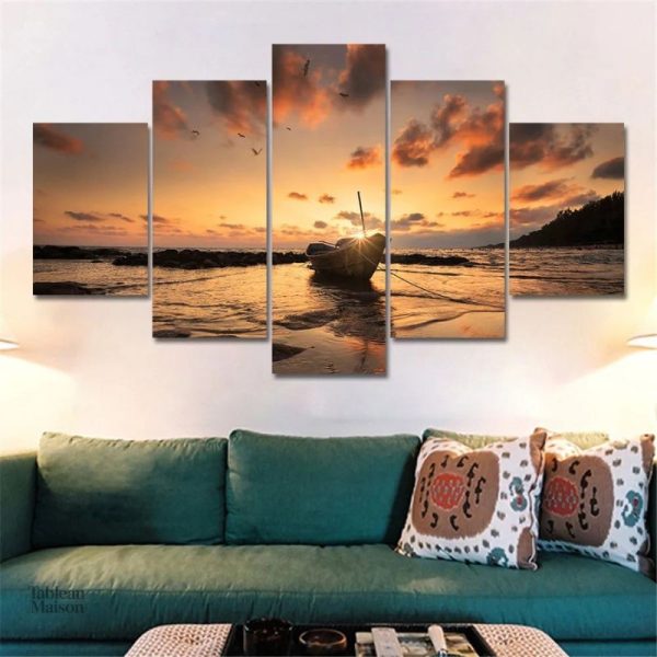 Art mural bateau avec paysage de coucher de soleil