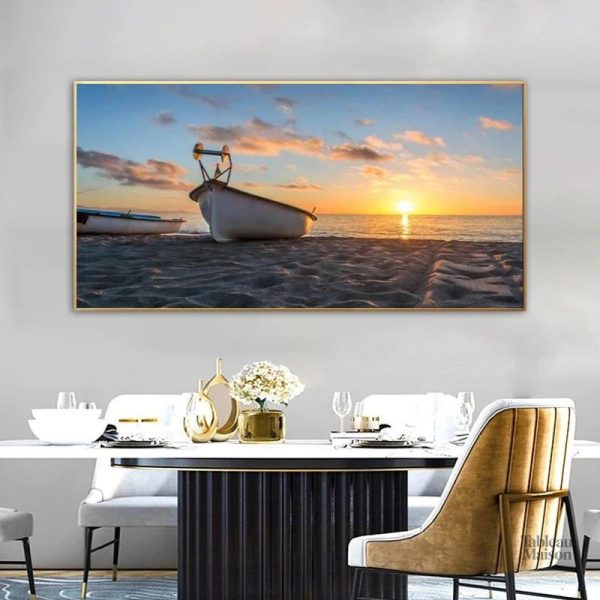 Tableau bateau avec une barque sur une plage sereine