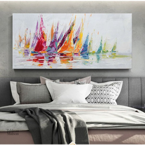 Tableau coloré de bateaux vibrants en mer