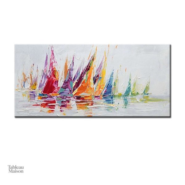 Œuvre d'art colorée représentant des bateaux variés
