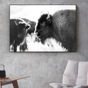 Tableau bison noir et blanc, art mural moderne