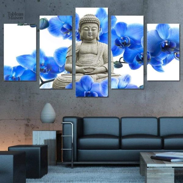 Art mural représentant Bouddha entouré de fleurs bleues