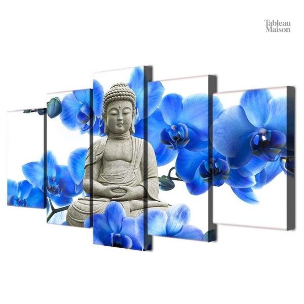 Décoration murale Bouddha et fleurs bleues harmonieuses