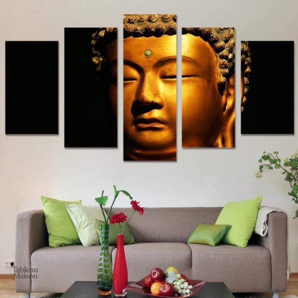 Tableau décoratif Bouddha, tête en or, ambiance apaisante