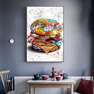 Tableau Burger Street Art, œuvre urbaine colorée