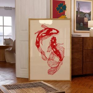 Tableau décoratif avec motifs de carpes Koï rouges