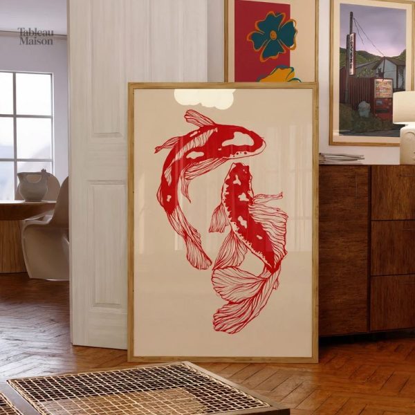 Tableau décoratif avec motifs de carpes Koï rouges