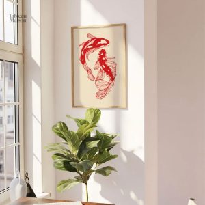 Art mural inspiré des carpes Koï en teintes rouges