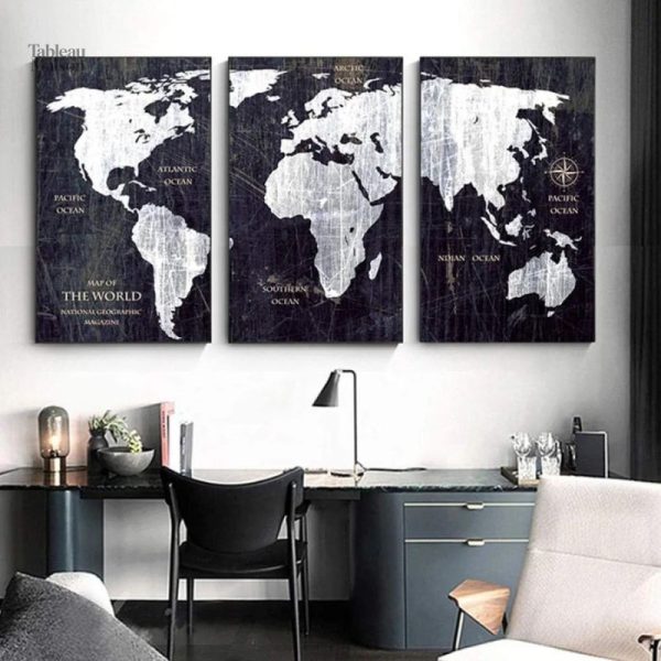 Carte du monde en noir et blanc pour décoration murale