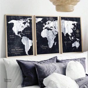 Décoration murale carte du monde minimaliste en noir et blanc