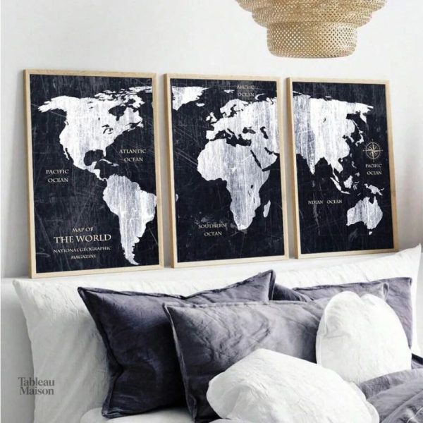 Décoration murale carte du monde minimaliste en noir et blanc
