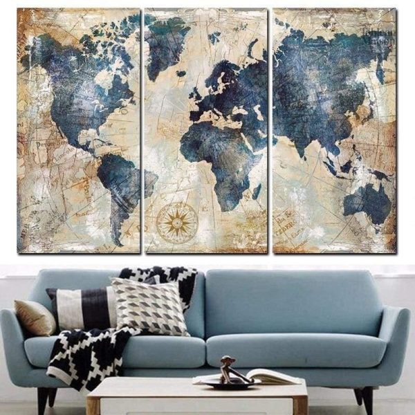 Tableau triptyque carte du monde décoratif