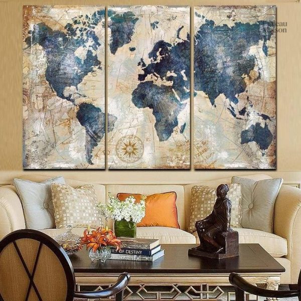 Décoration intérieure carte du monde triptyque