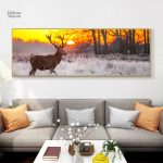 Art mural cerf, paysage de soleil couchant