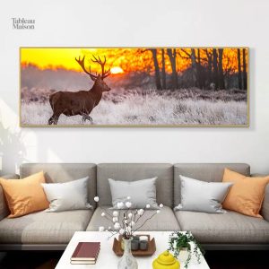 Art mural cerf, paysage de soleil couchant