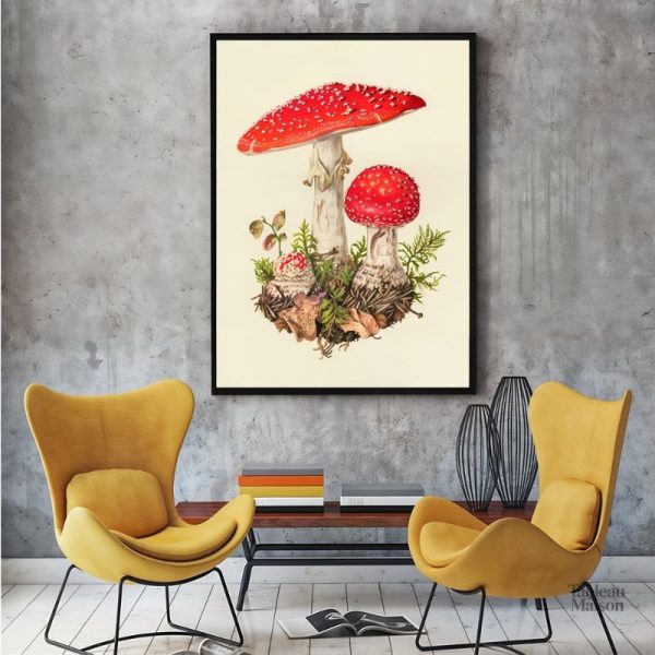 Tableau cuisine avec motifs de champignons colorés et stylisés