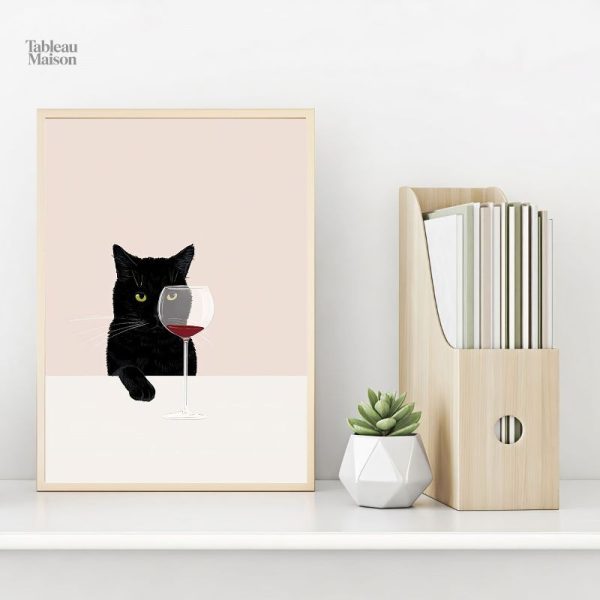 Tableau chat avec un verre de vin décoratif