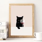 Art mural représentant un chat et un verre de vin