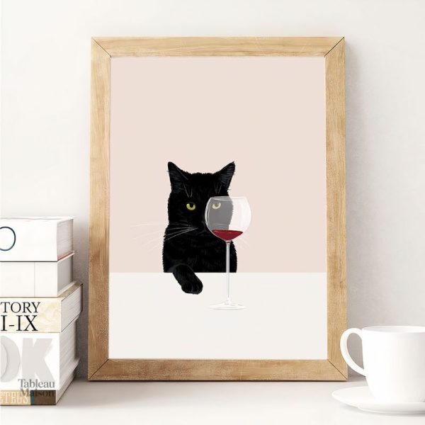 Art mural représentant un chat et un verre de vin