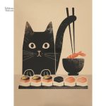 Tableau chat avec thème japonais et sushi