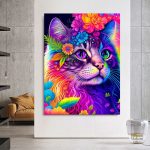 Tableau multicolore représentant un chat artistique