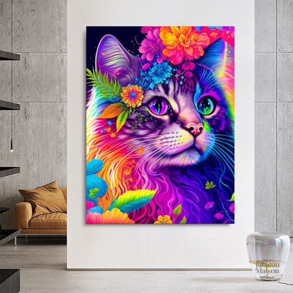 Tableau multicolore représentant un chat artistique
