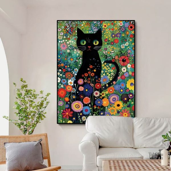 Tableau Chat Noir et Fleurs Colorées