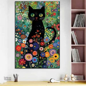 Illustration d'un chat noir dans un champ fleuri