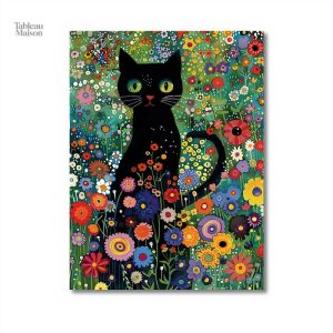 Art mural représentant un chat sur fond floral vibrant