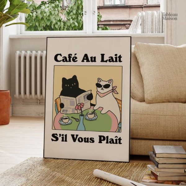Tableau Chats au Café, œuvre artistique colorée