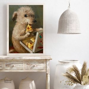 Illustration d'un chien joyeux avec une part de pizza