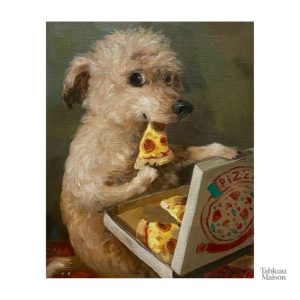 Tableau humoristique d'un chien et sa pizza préférée