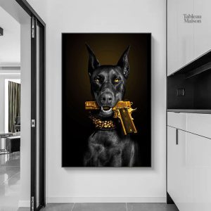 Art mural représentant un Dobermann stylisé en couleurs vives