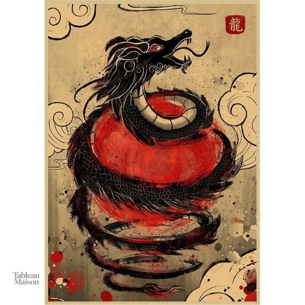 Illustration de dragon japonais, tableau décoratif élégant