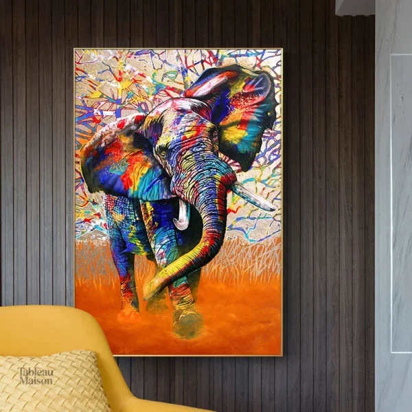 Art mural éléphant aux teintes vives et variées