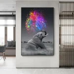 Tableau éléphant avec trompe en l'air, décor mural